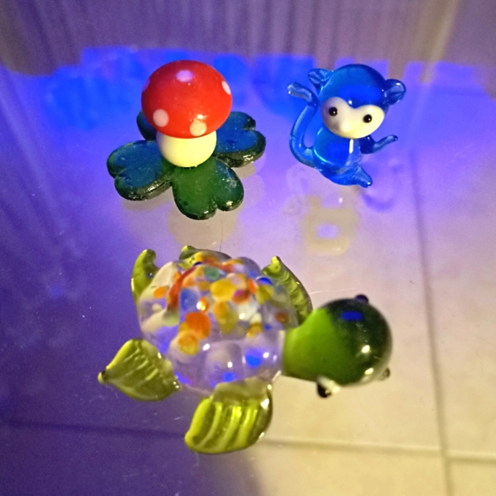 3 tiny glass figures , Turtle,Monkey and Mushroom.